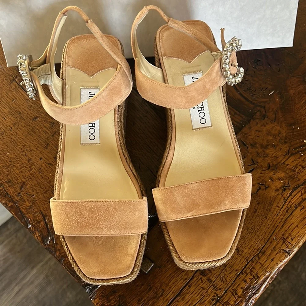 Jimmy Choo Beige Suede Espadrille Wedge Sandals with Crystal Buckle